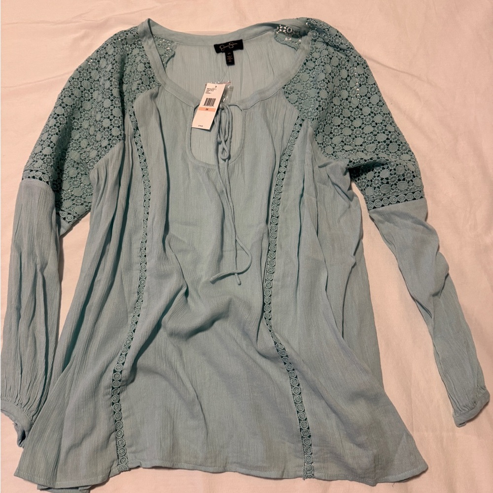 Jessica Simpson NWT 2X Women's Light Blue Lace Blouse